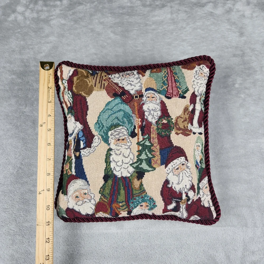 Vintage Tapestry Folk Santa Claus Christmas Emarald Green Throw Pillow 11”x11”